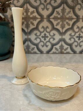 VTG- LENOX Ivory Rose Blossom Bowl & Bud Vase with 24k Gold Accents- EUC